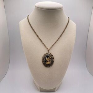 VTG 70s Asian Cabochon Necklace in Bronze Retro Glass Unique Gothic Oddity